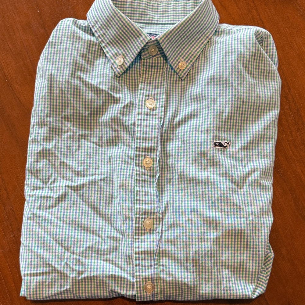 Green and White Checkered Button-Down Shirt